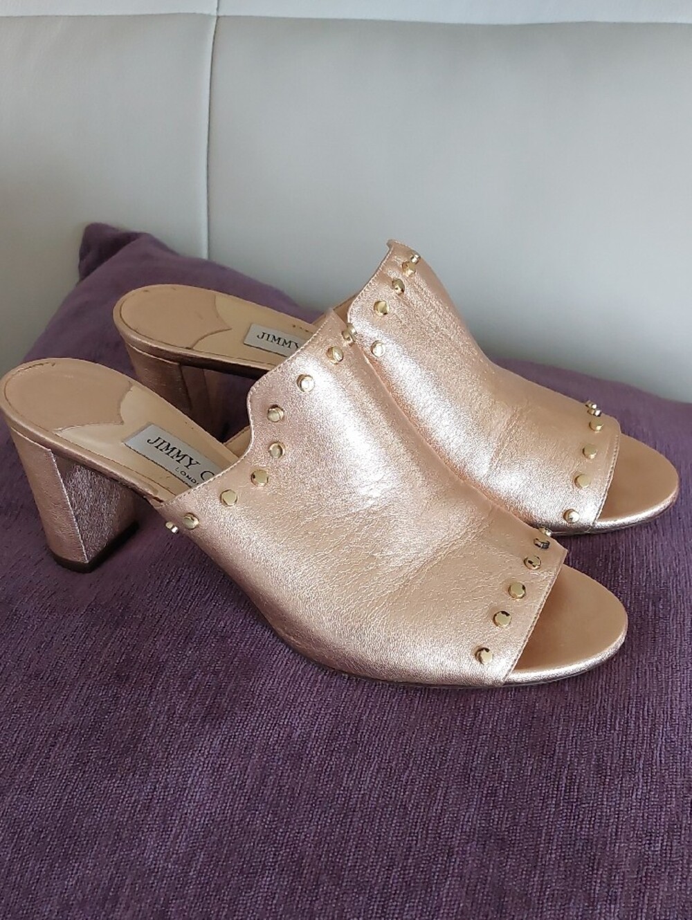 Jimmy Choo Rose Gold Metallic Studded Slide Mules